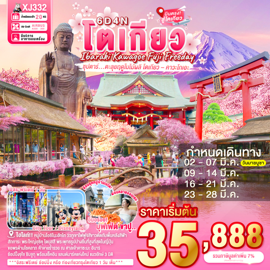 ทัวร์ญี่ปุ่น  ซุปตาร์ ตะลุยฤดูใบไม้ผลิ โตเกียว–คาวะโกเอ 6วัน 4คืน (XJ)